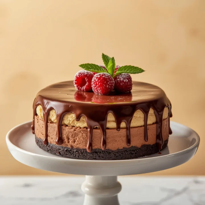 Close-up of Dubai Chocolate Cheesecake dessert with a soft texture and elegant garnish