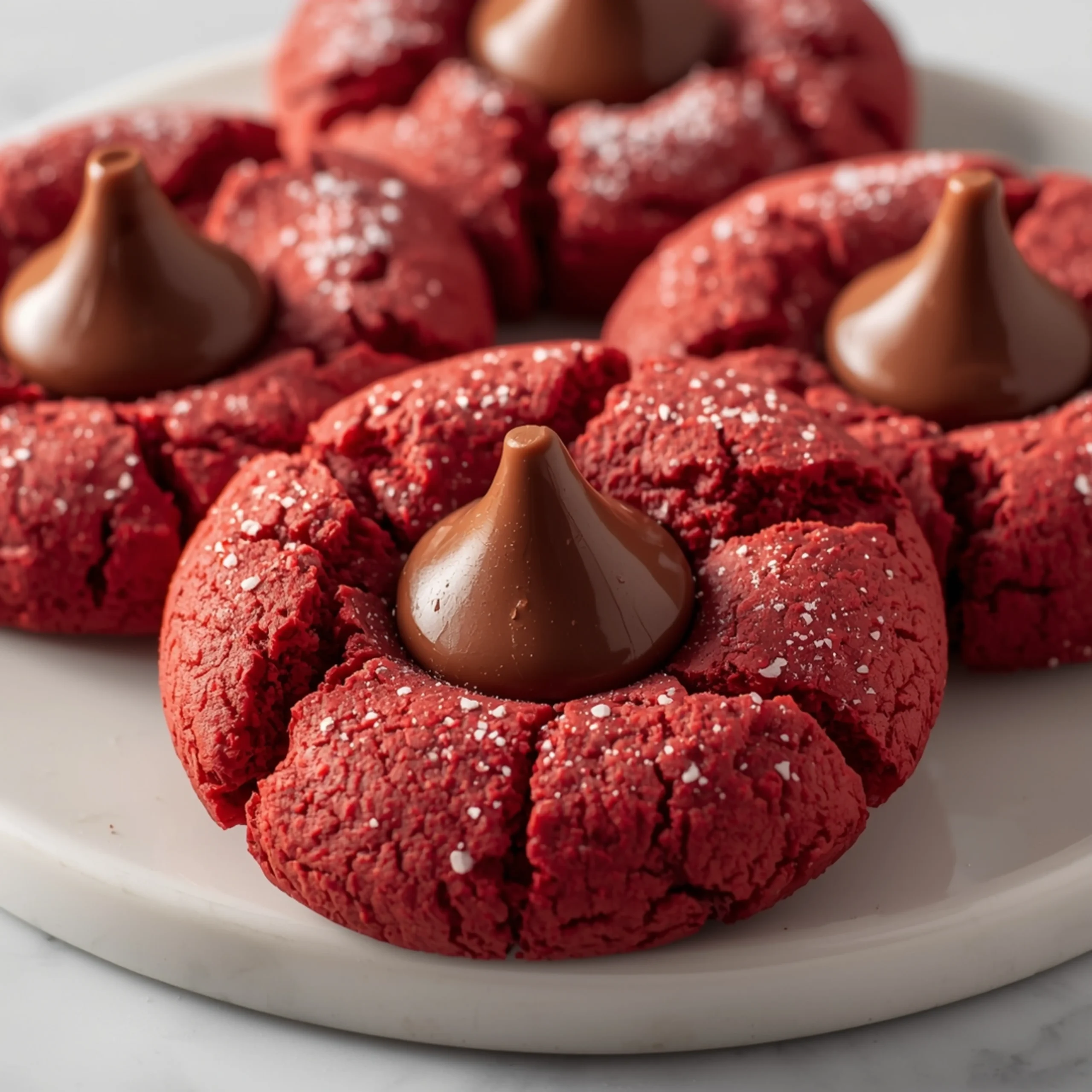 Close-up of Easy Hershey's Red Velvet Blossoms Cookies dessert with glossy finish and elegant powdered sugar dusting