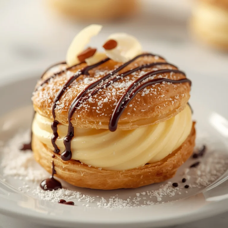 Close-up of Flaky Cream-Filled Puff Pastry Treats dessert with glossy finish and elegant toppings on a white plate
