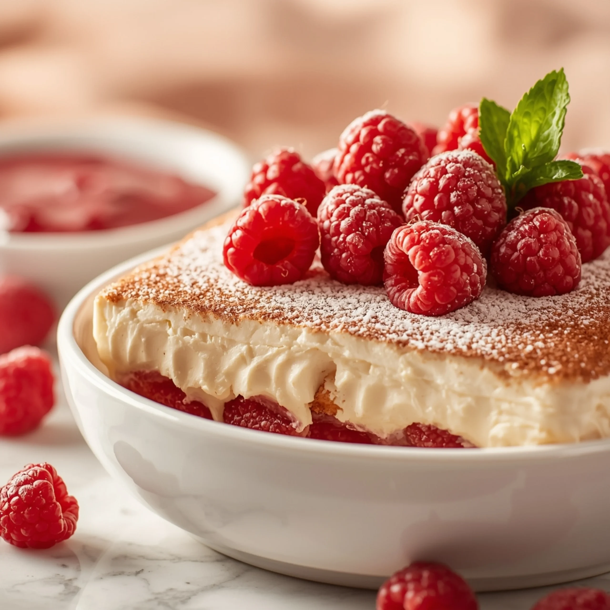 Close-up of Fresh Raspberry Tiramisu dessert with glossy finish and elegant toppings
