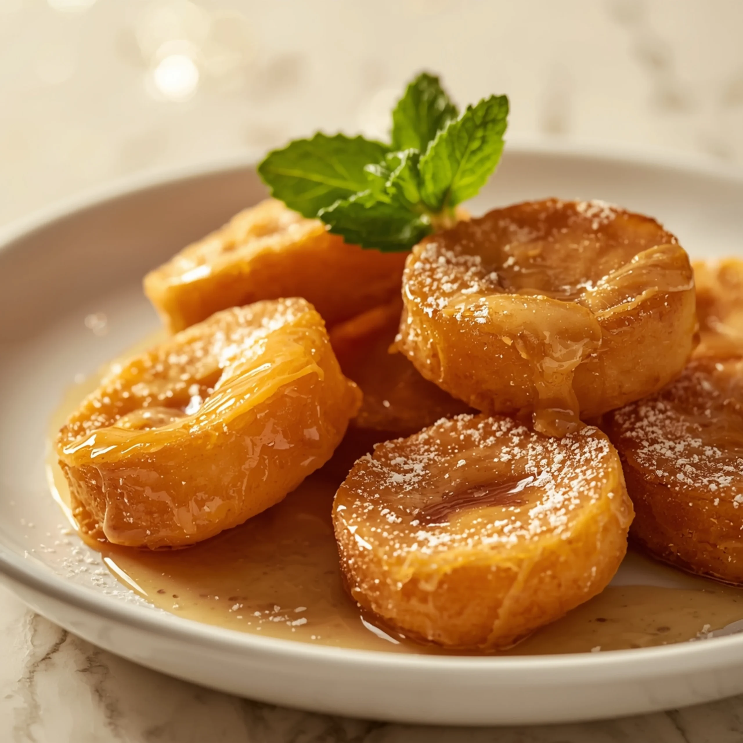 Close-up of Fried Bananas with Cinnamon Butter Sauce dessert with a soft texture and elegant garnish