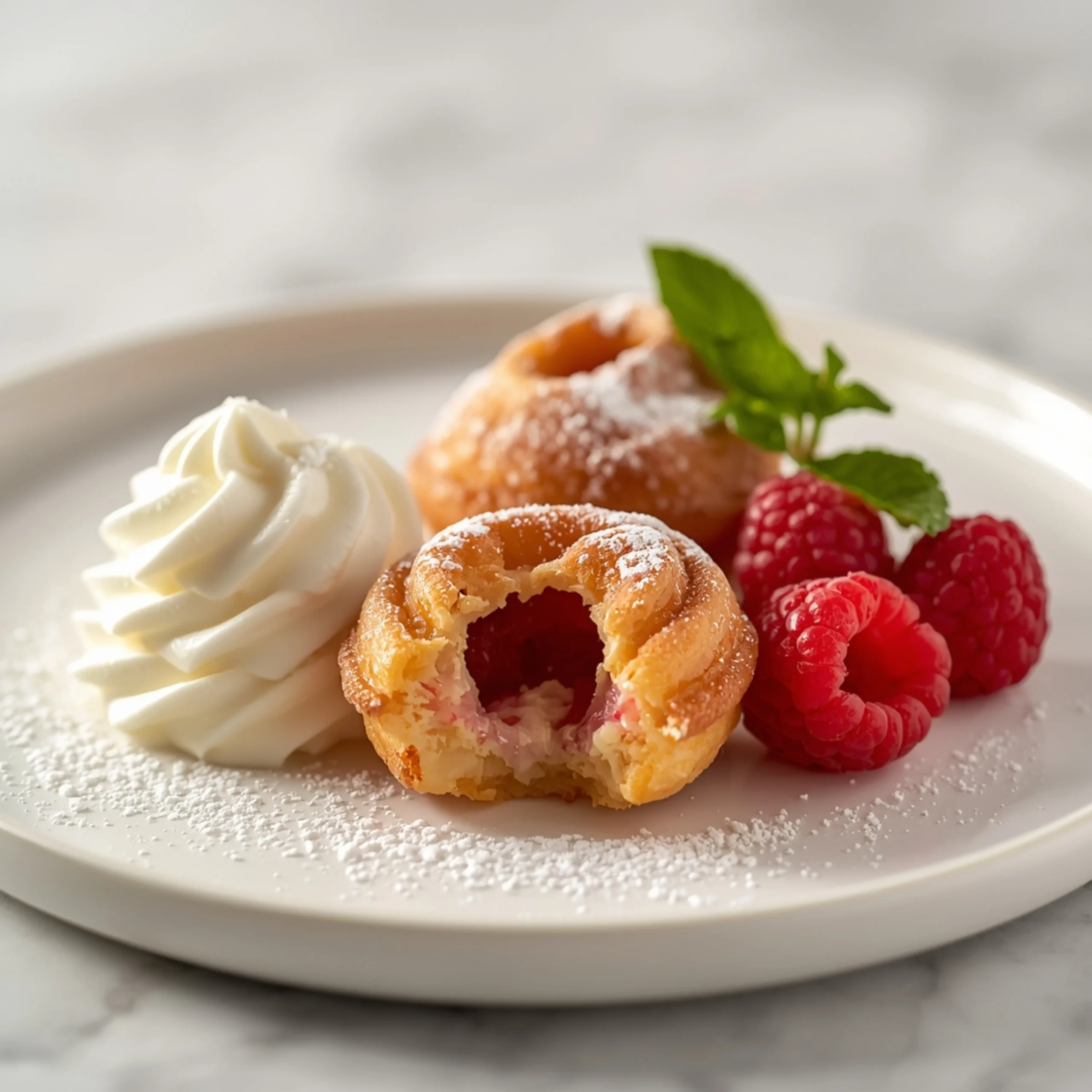 Close-up of Funnel Cake Bites Air Fryer Style dessert with a soft texture and elegant garnish