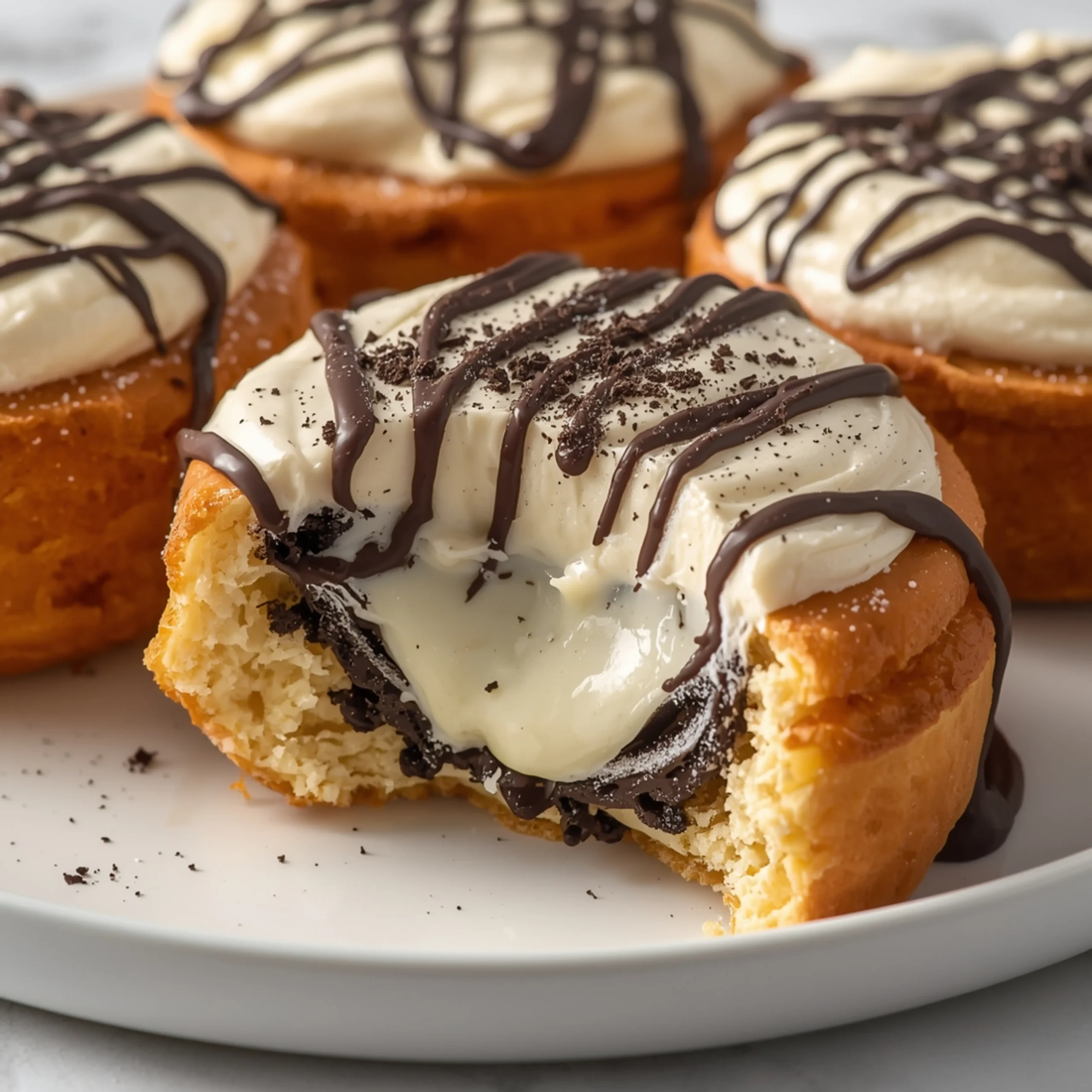 Close-up of GOOEY Cookies and Cream Oreo Cinnamon Rolls dessert with glossy finish and elegant toppings