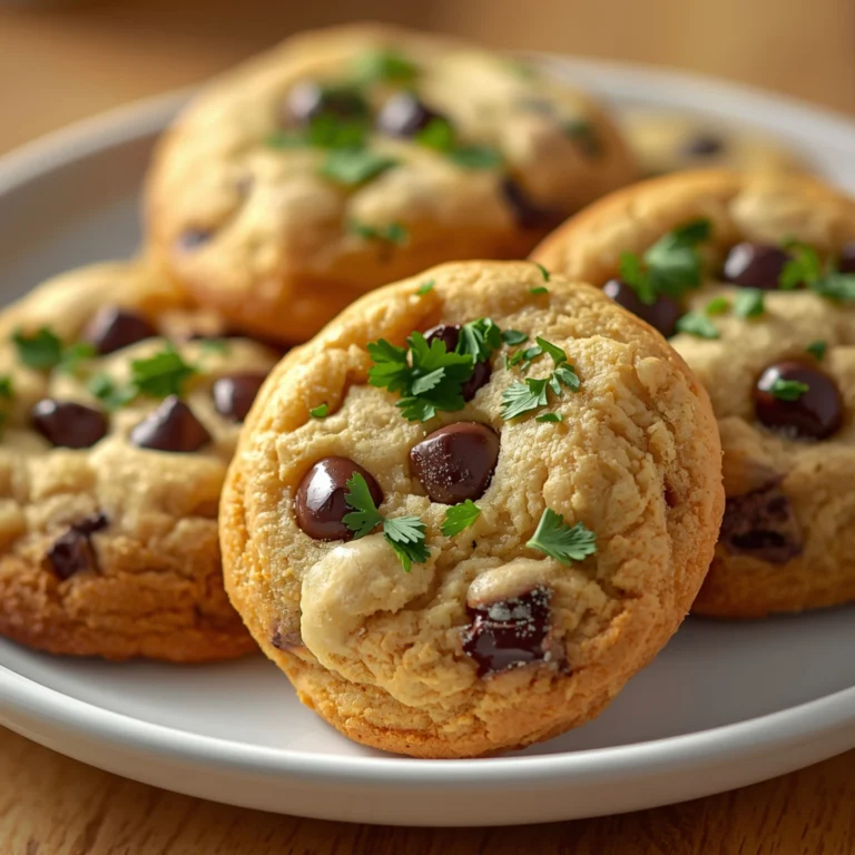 High-angle close-up of warm Greek Yogurt Chocolate Chip Cookies on a white ceramic plate, generously sprinkled with finely chopped fresh parsley, against a warm wooden background. The cookies feature glistening melted chocolate chips and golden-brown edges, captured with bright, soft studio lighting and a shallow depth of field. A professional food photography image.