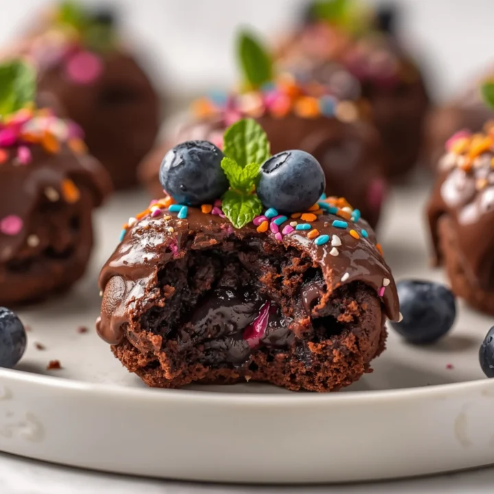 Close-up of Healthy Cosmic Brownie Protein Bites dessert with a soft texture and elegant garnish