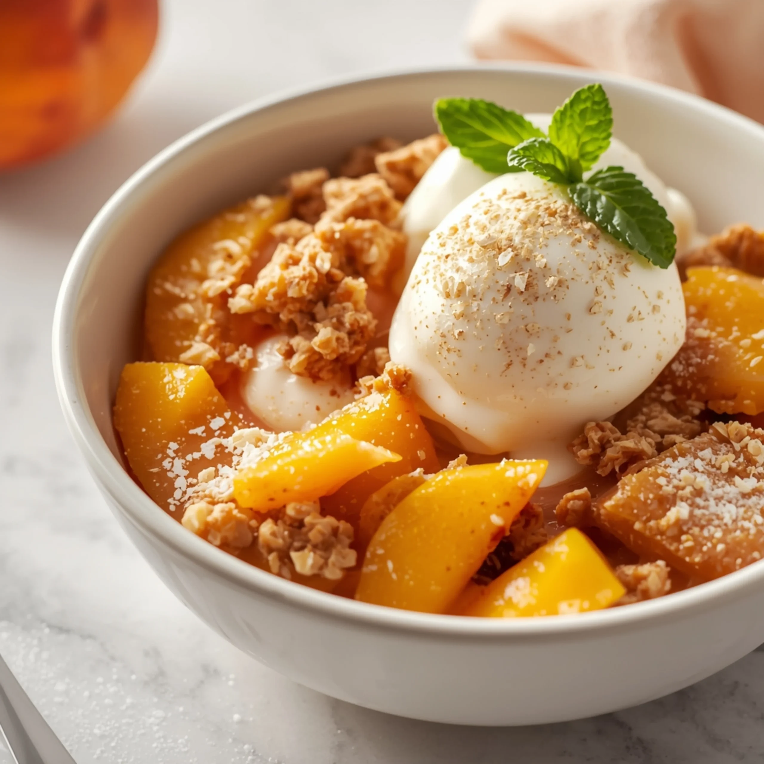 Close-up of High protein Peach Cobbler Greek yogurt Bowl dessert with glossy finish and elegant toppings