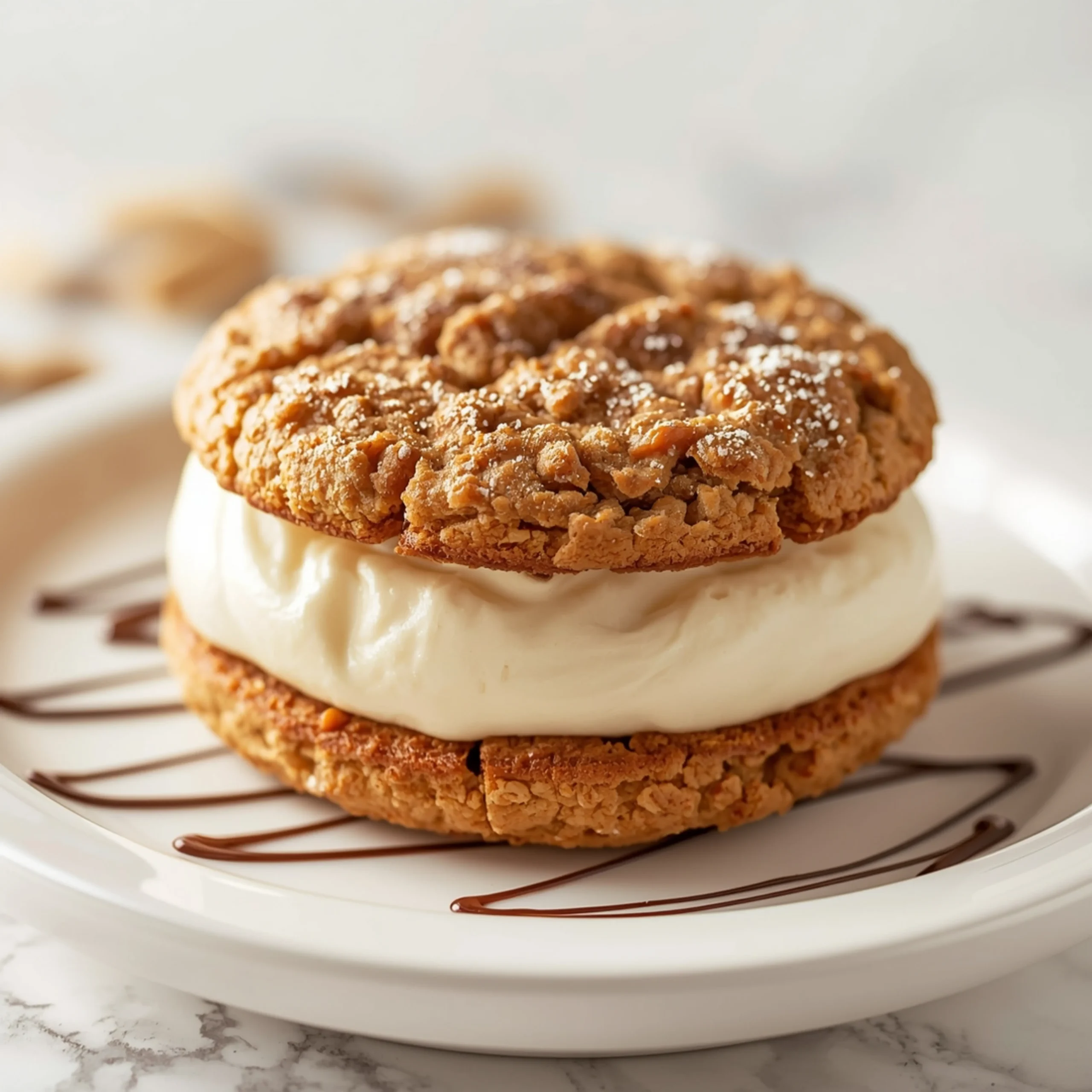Close-up of Homemade Oatmeal Cream Pies dessert with glossy finish and elegant toppings