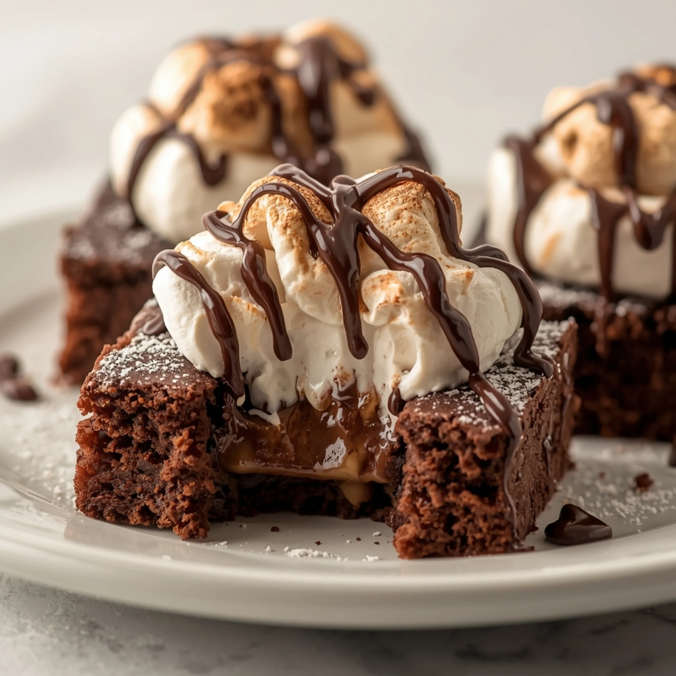 Close-up of Hot Chocolate Brownies with Marshmallow dessert with glossy finish and elegant toppings