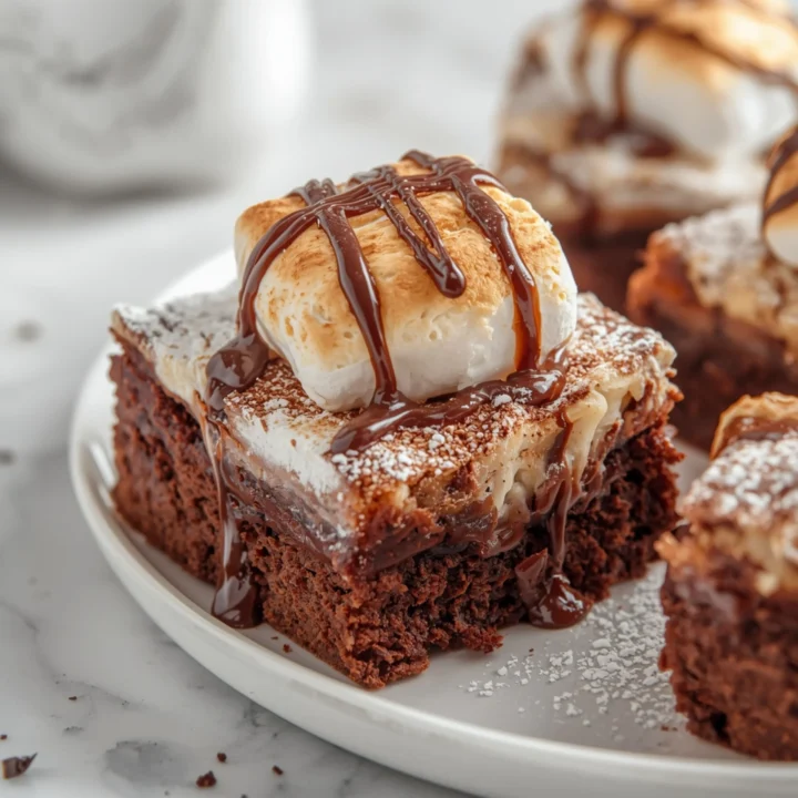 Close-up of Hot Chocolate Brownies with Marshmallow dessert with glossy finish and elegant toppings