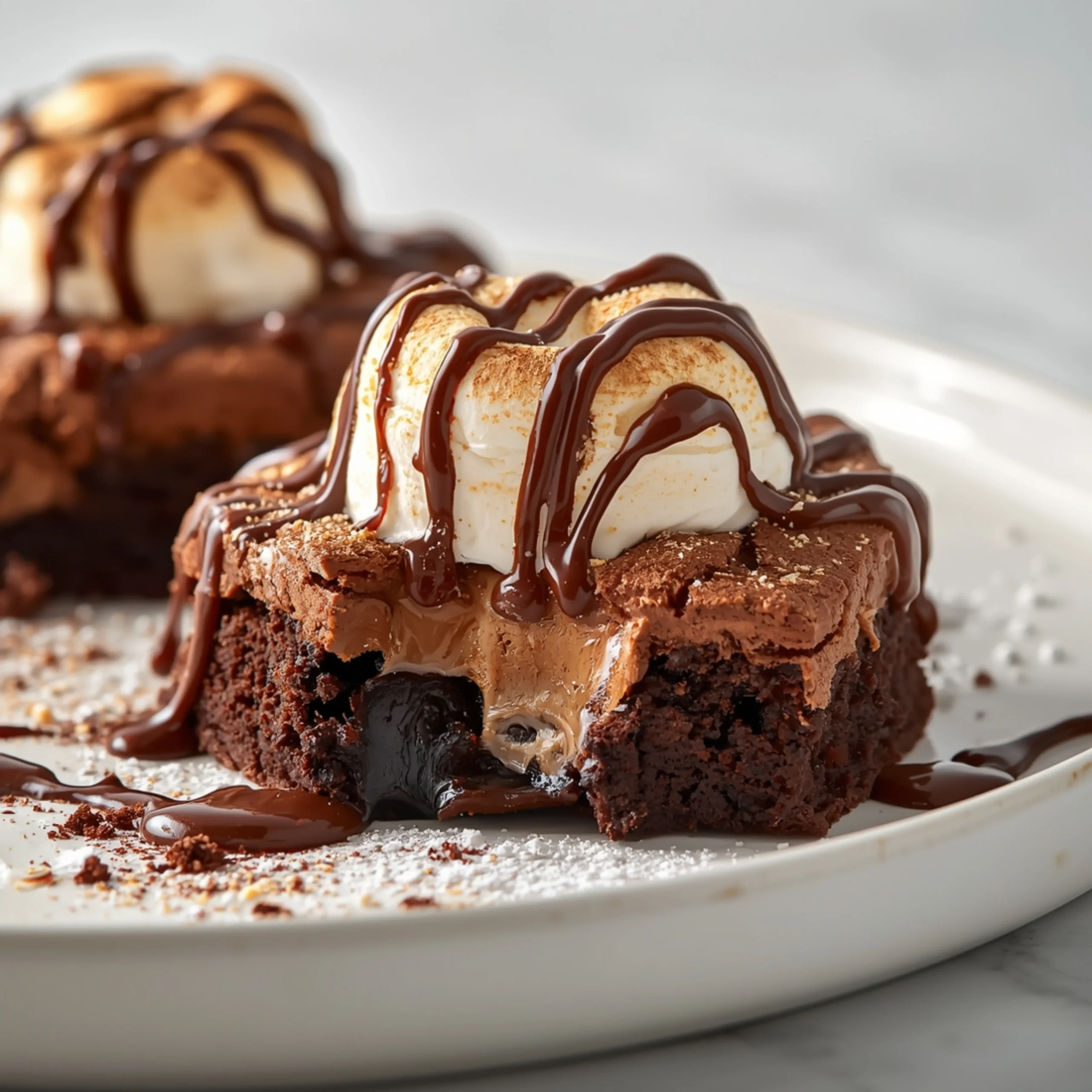 Close-up of Hot Chocolate Brownies with Marshmallow dessert with glossy finish and elegant toppings