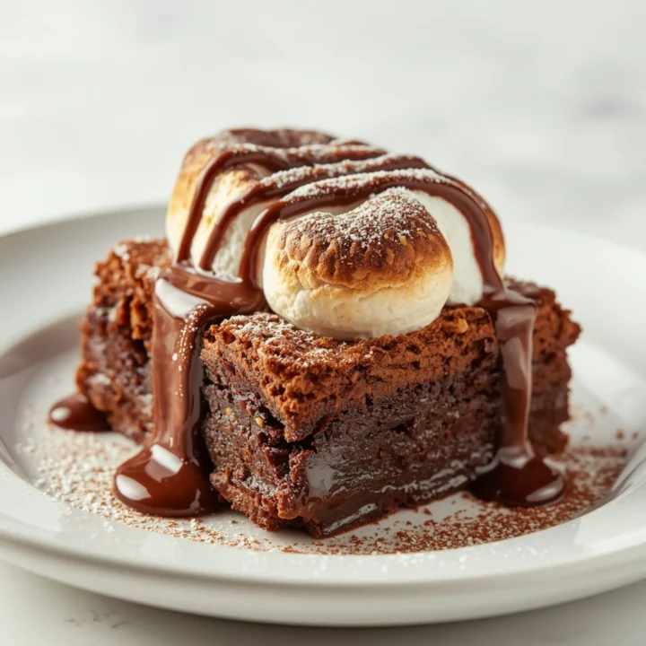 Close-up of Hot Chocolate Brownies with Marshmallow dessert with glossy finish and elegant toppings