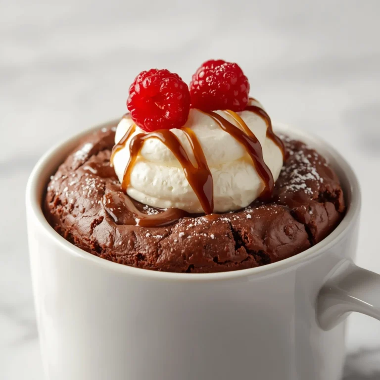 Close-up of Individual Microwave Mug Brownies dessert with glossy finish and elegant toppings