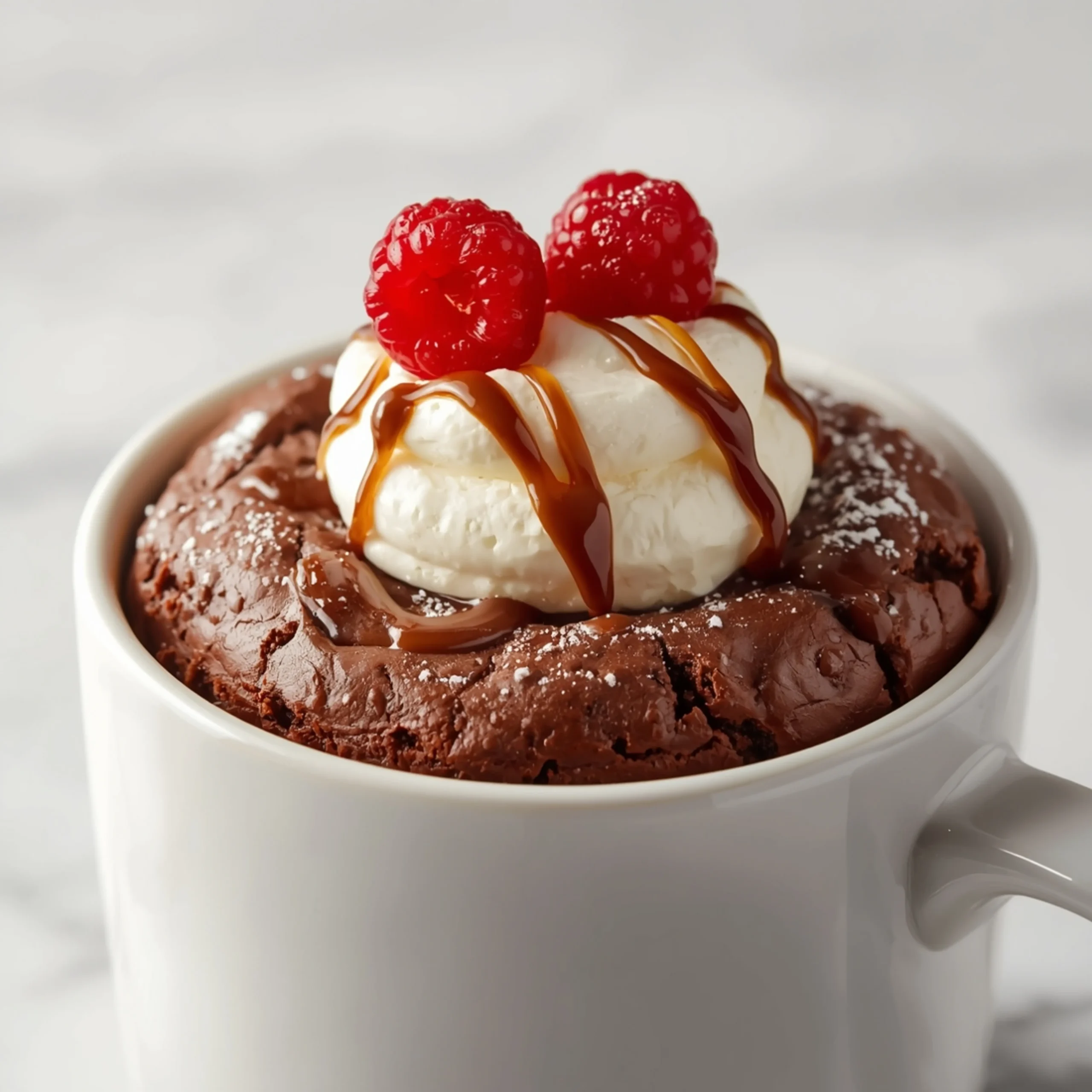 Close-up of Individual Microwave Mug Brownies dessert with glossy finish and elegant toppings