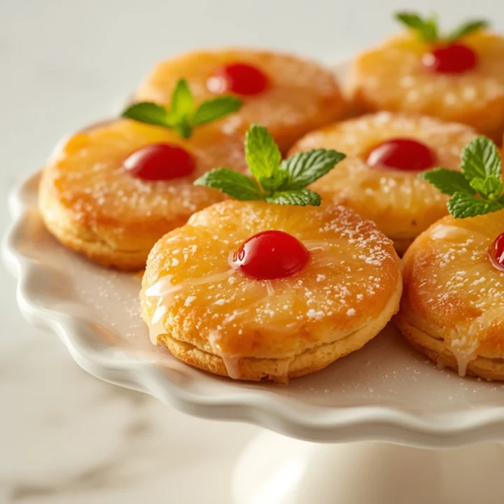 Close-up of Irresistible Pineapple Upside Down Sugar Cookies dessert with a soft texture, glossy pineapple topping, and fresh mint garnish