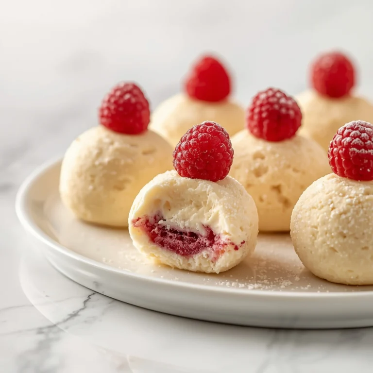 Close-up of Irresistible White Chocolate Raspberry Cheesecake Balls dessert with glossy finish and elegant toppings