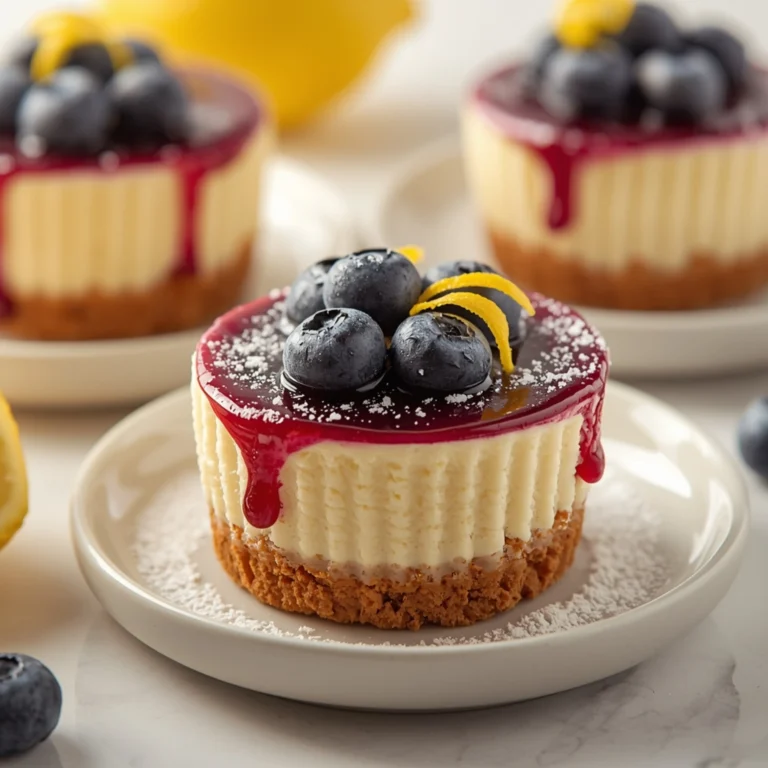 Close-up of Juicy Mini Lemon Blueberry Cheesecakes dessert with glossy finish, powdered sugar, and fresh blueberries on white plates.