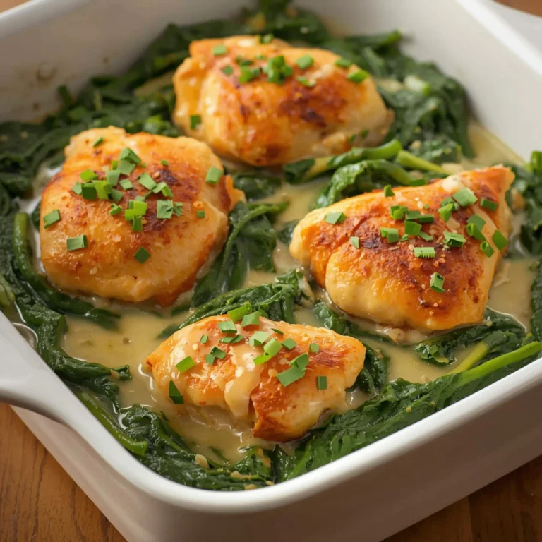 High-angle close-up of golden brown Keto Garlic Butter Chicken with rich, glistening sauce, served in a white ceramic casserole dish over vibrant green creamy spinach, generously garnished with fresh chopped parsley on a warm wooden table. Professional food photography with bright, soft lighting and shallow depth of field.