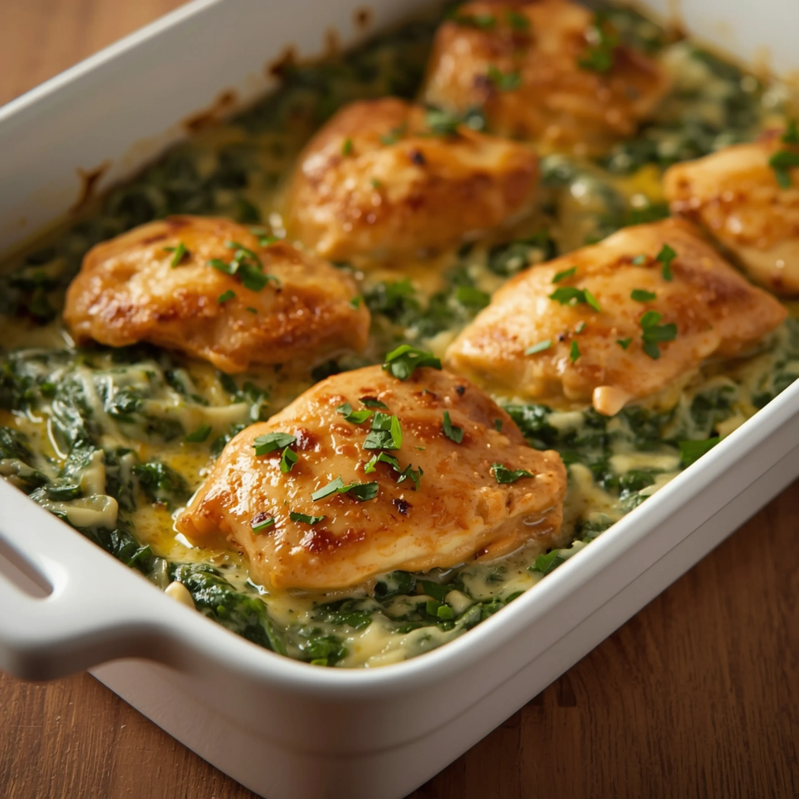High-angle close-up photo of Keto Garlic Butter Chicken with Creamed Spinach in a white casserole dish, garnished with fresh parsley on a wooden table.