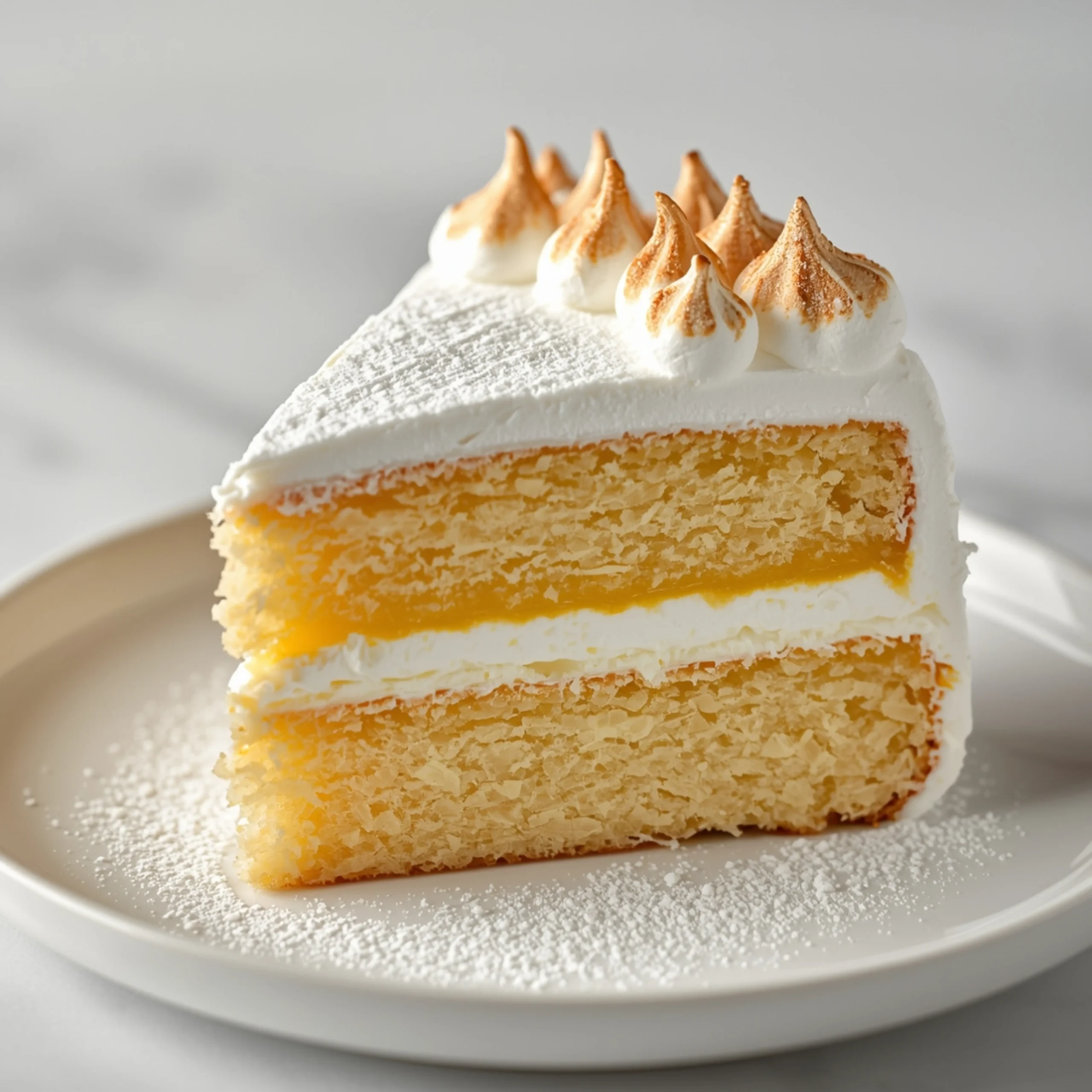Close-up of Lemon Meringue Layer Cake dessert with glossy finish and elegant toppings