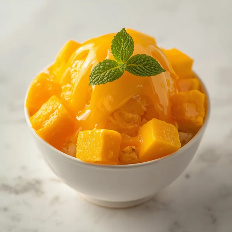 Close-up of Mango Bingsu dessert with a soft texture and elegant garnish