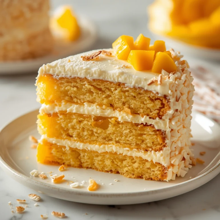 Close-up of a slice of Mango Coconut Cake dessert with a creamy, glossy finish, topped with fresh mango and toasted coconut.