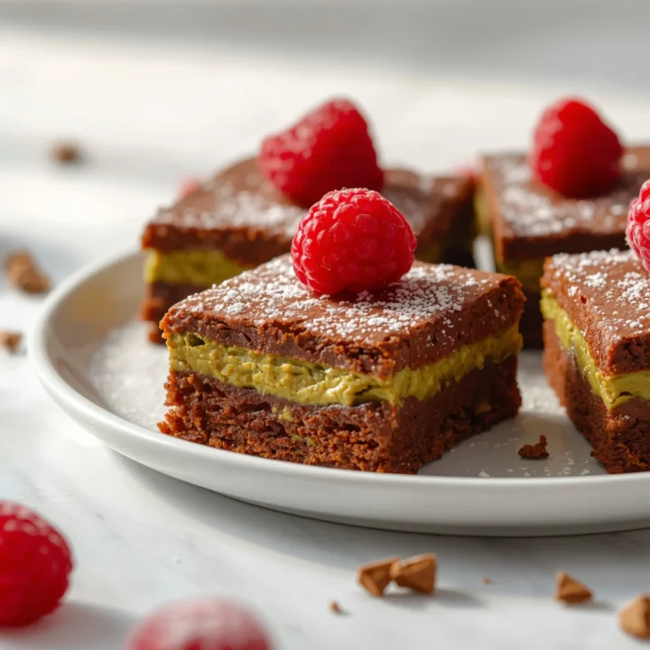 Close-up of Matcha Brownies dessert with glossy finish and elegant toppings