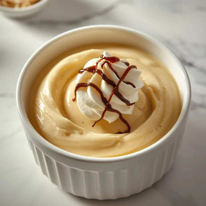 Close-up of Meal Prep Vanilla Protein Pudding dessert with glossy finish and elegant toppings