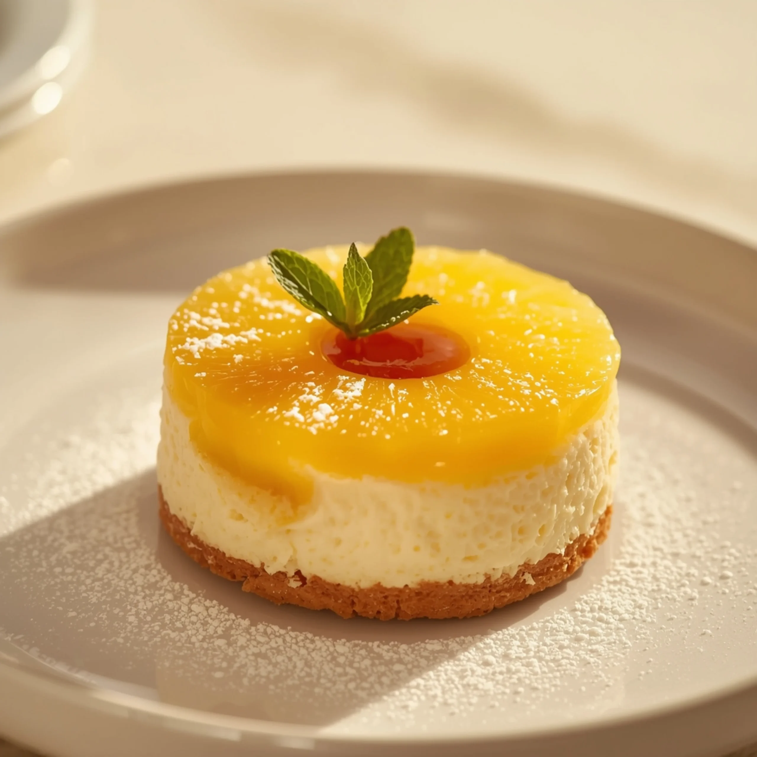 Close-up of Mini Pineapple Upside-Down Cheesecakes dessert with glossy finish and elegant toppings