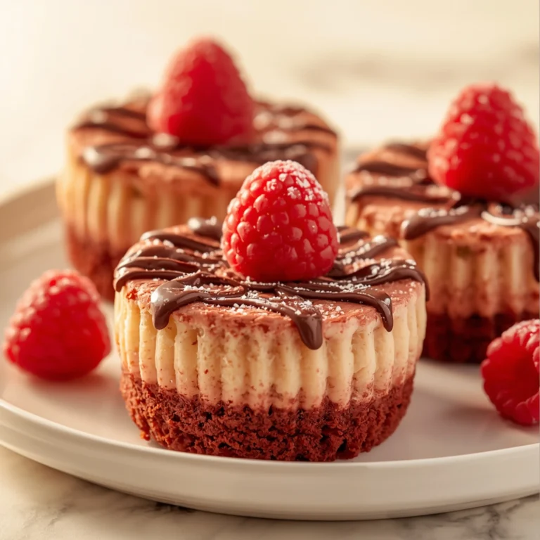 Close-up of Mini Red Velvet Brownie Cheesecakes dessert with glossy finish and elegant toppings