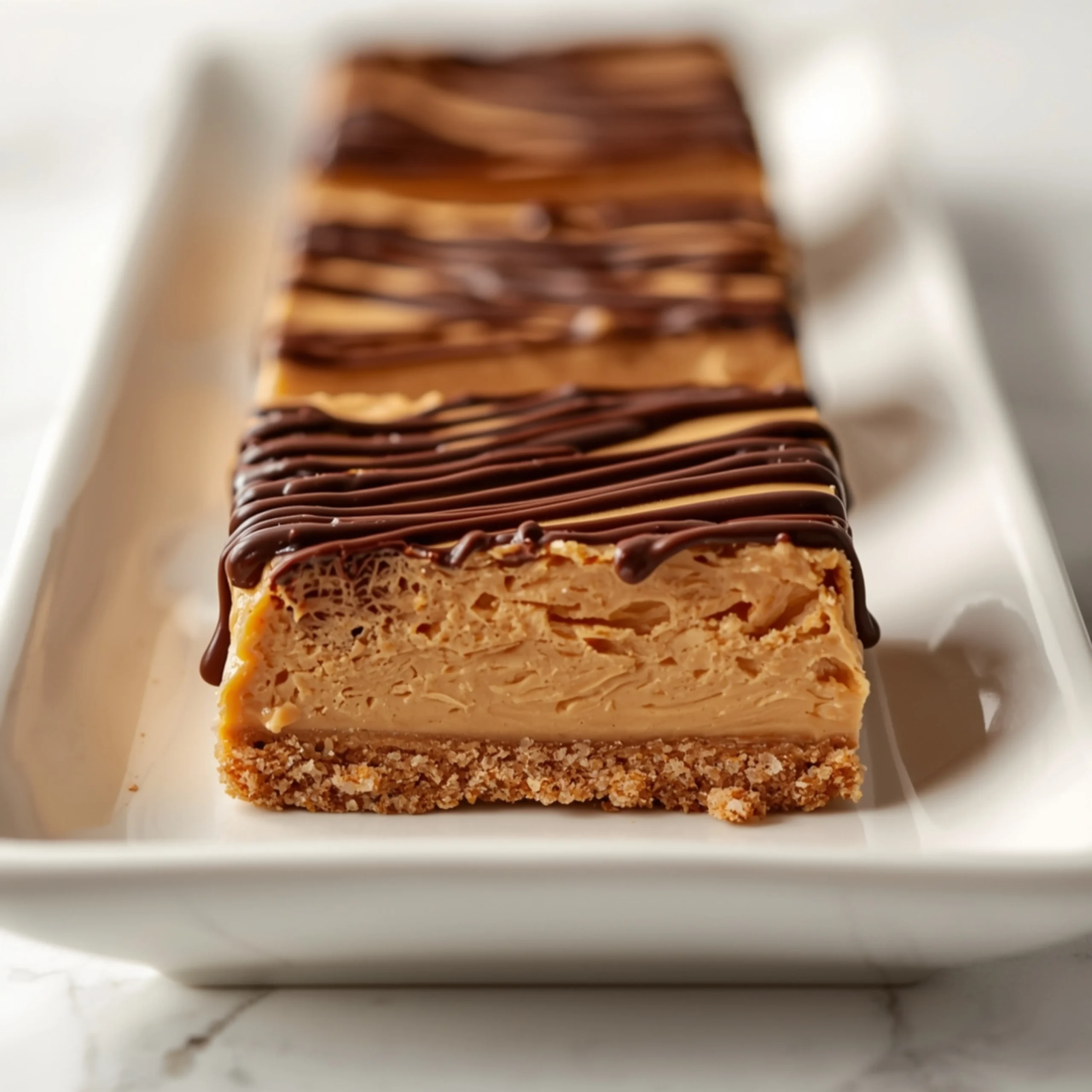 Close-up of No-Bake Peanut Butter Bars dessert with glossy finish and elegant toppings