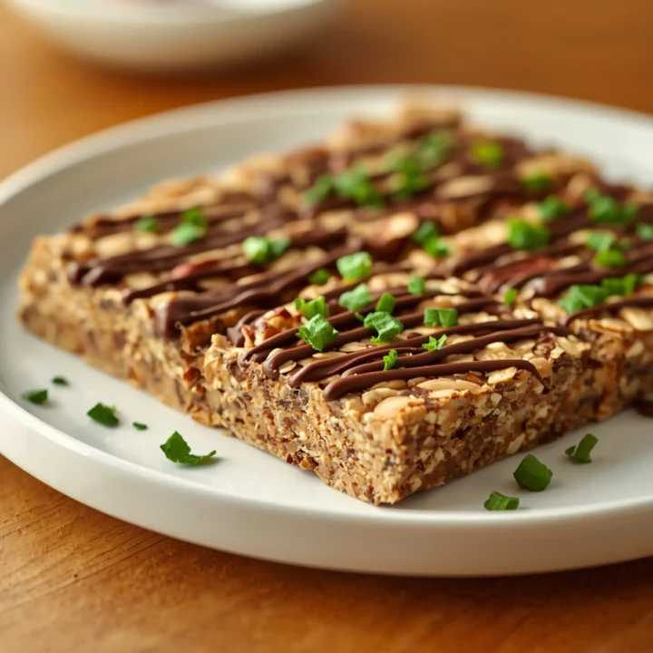A high-angle close-up of rectangular No Bake Protein Bars on a white ceramic plate, featuring visible oats, nuts, and a glistening chocolate drizzle, garnished with finely chopped fresh mint leaves. The bars are sharply focused against a blurred warm wooden table background.
