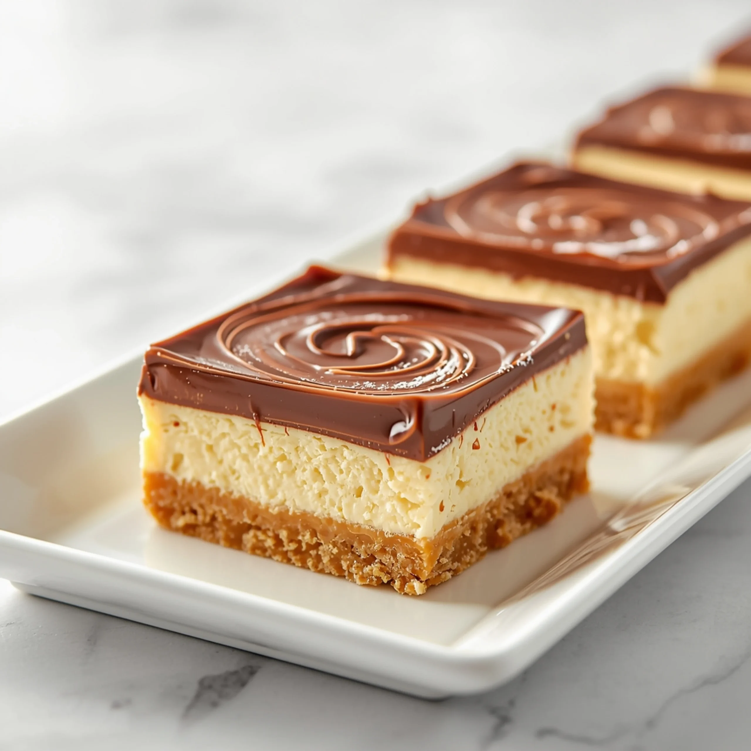 Close-up of Nutella cheesecake bars dessert with glossy finish and elegant toppings
