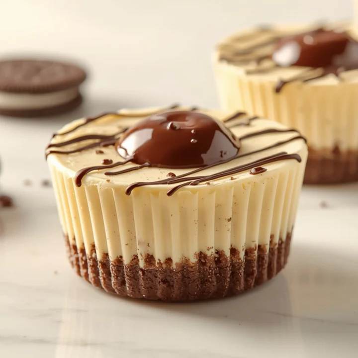 Close-up of Oreo No-Bake Cheesecake Cups dessert with glossy finish and elegant toppings
