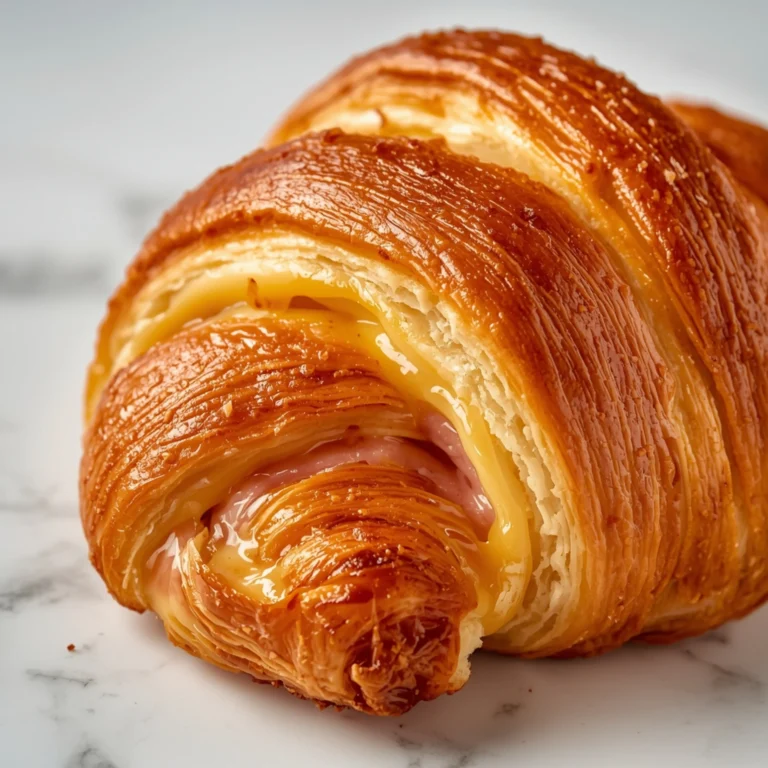 Close-up of Oven-Baked Ham & Cheese Croissants with glossy finish and flaky layers on white marble