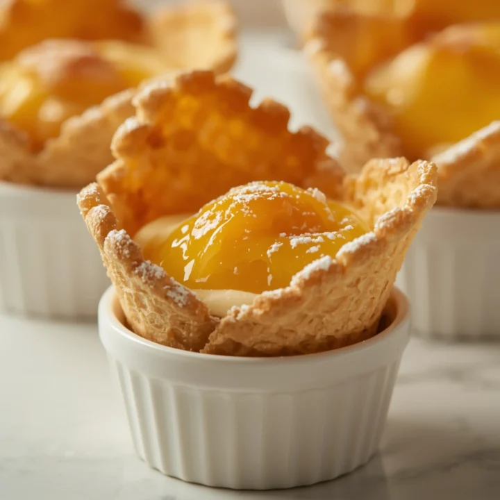 Close-up of Peach Cobbler Cheesecake Cones dessert with glossy finish and elegant toppings