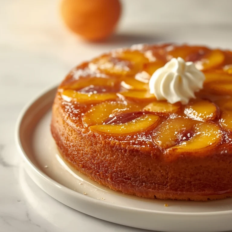 Close-up of Peach Upside-Down Cake dessert with glossy finish and elegant toppings