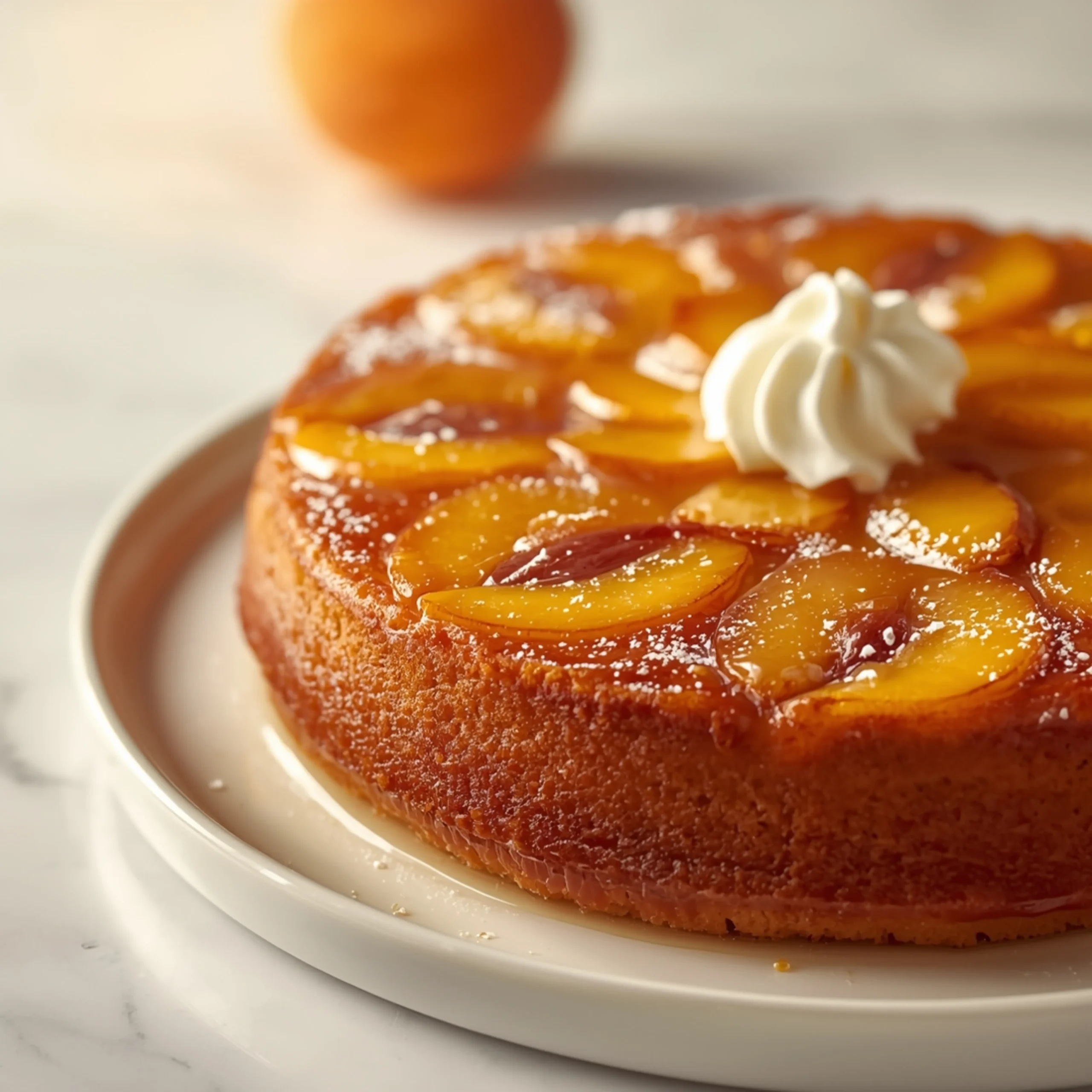 Close-up of Peach Upside-Down Cake dessert with glossy finish and elegant toppings