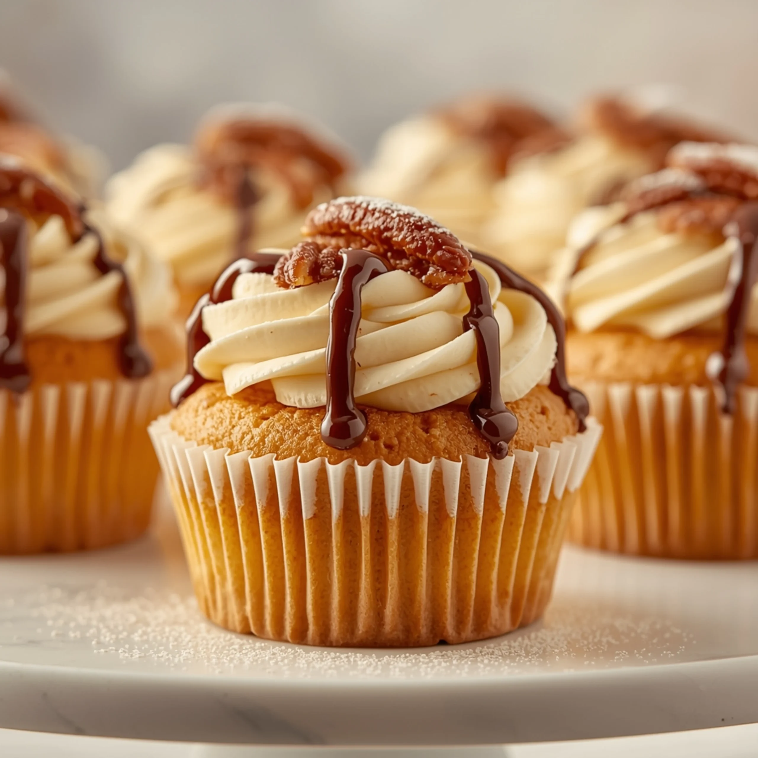 Close-up of Pecan Pie Cupcakes dessert with glossy finish and elegant toppings