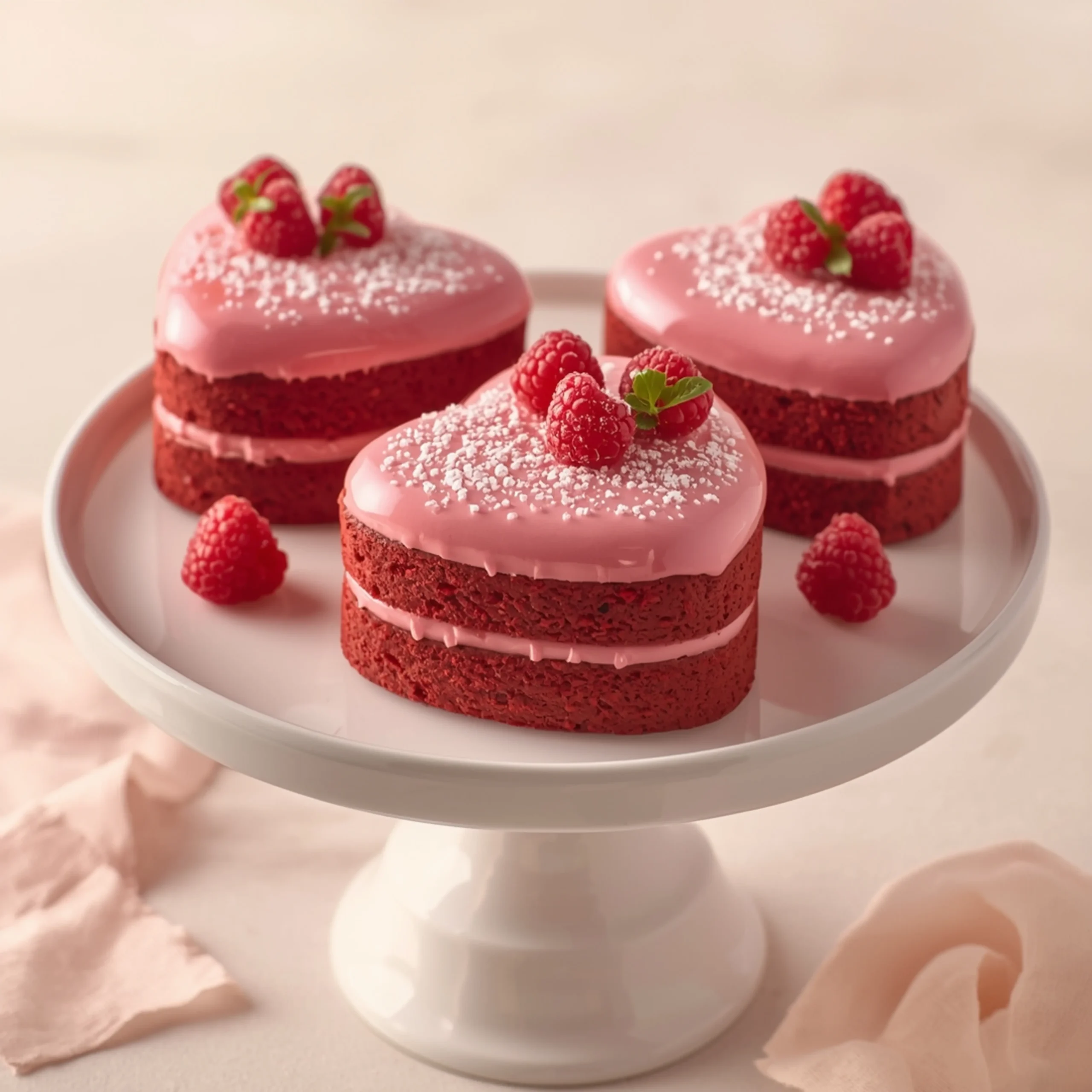 Close-up of Pink Velvet Heart Cakes dessert with a soft, velvety texture and elegant fresh raspberry and powdered sugar garnish on a white plate