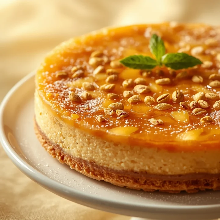 Close-up of Pistachio Honey Baklava Cheesecake dessert with a soft texture and elegant garnish