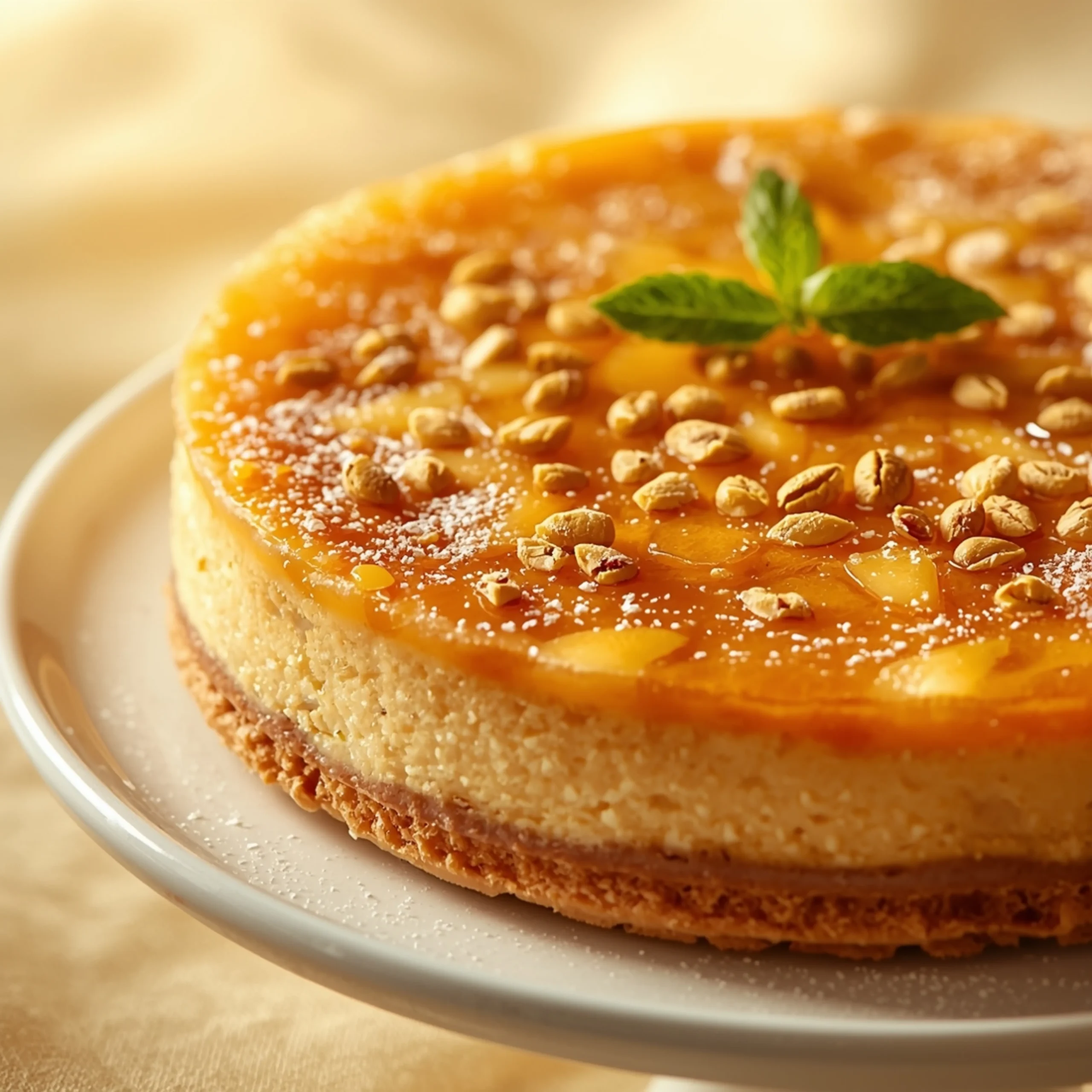 Close-up of Pistachio Honey Baklava Cheesecake dessert with a soft texture and elegant garnish