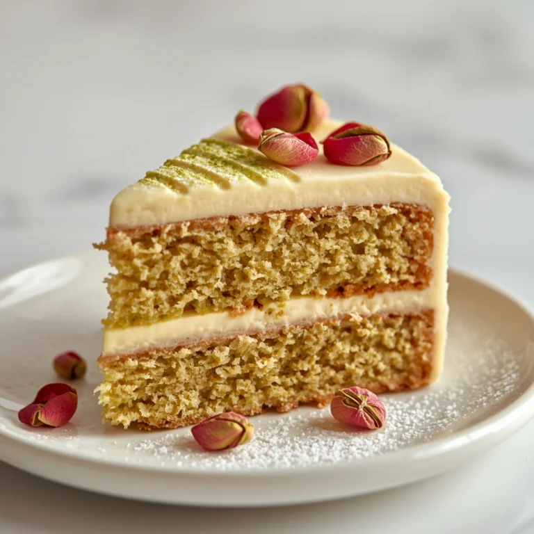 Close-up of Pistachio Rose Cake dessert with creamy rosewater frosting, delicate rose petals, and a dusting of powdered sugar.