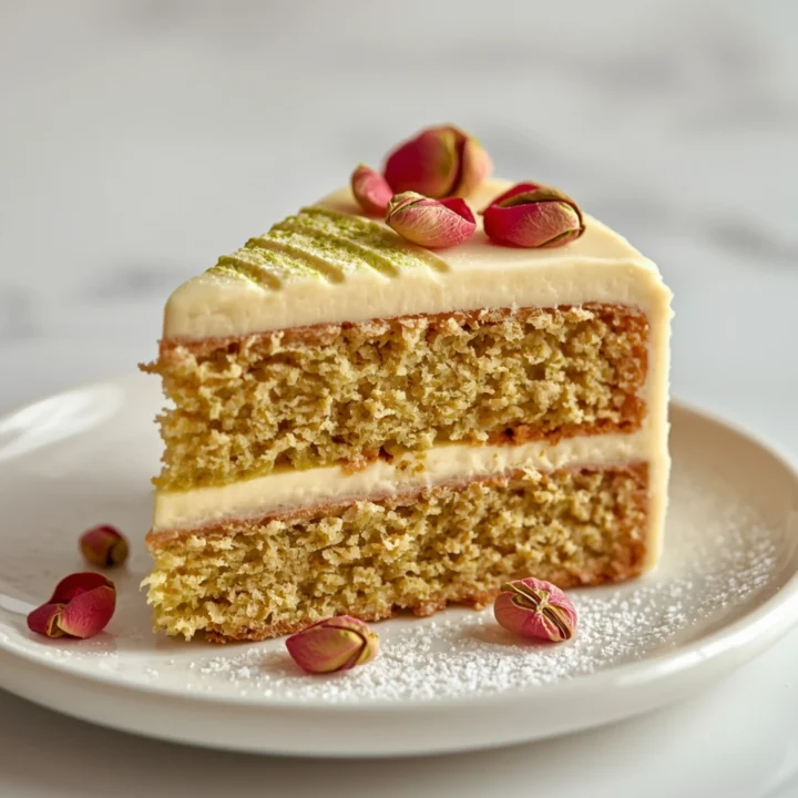Close-up of Pistachio Rose Cake dessert with creamy rosewater frosting, delicate rose petals, and a dusting of powdered sugar.