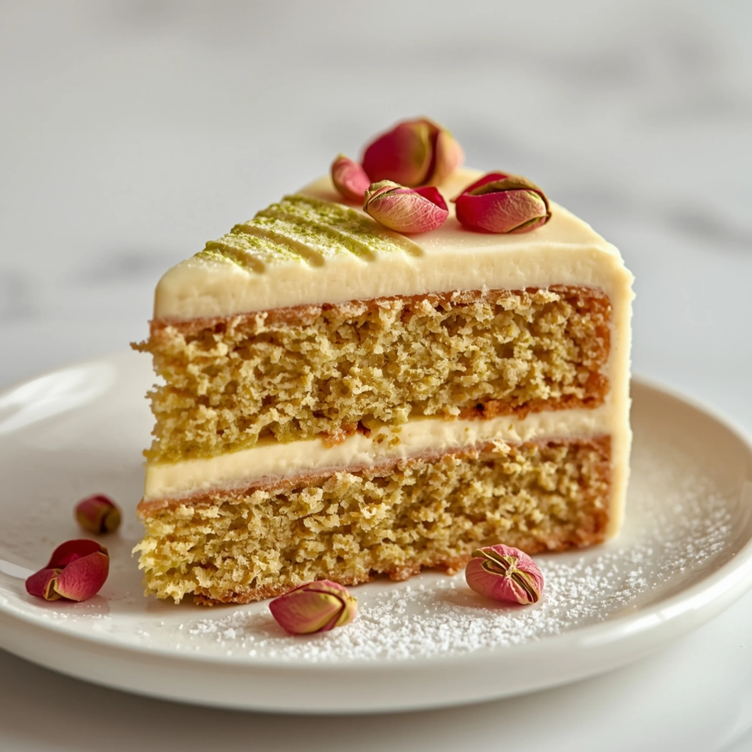 Close-up of Pistachio Rose Cake dessert with creamy rosewater frosting, delicate rose petals, and a dusting of powdered sugar.