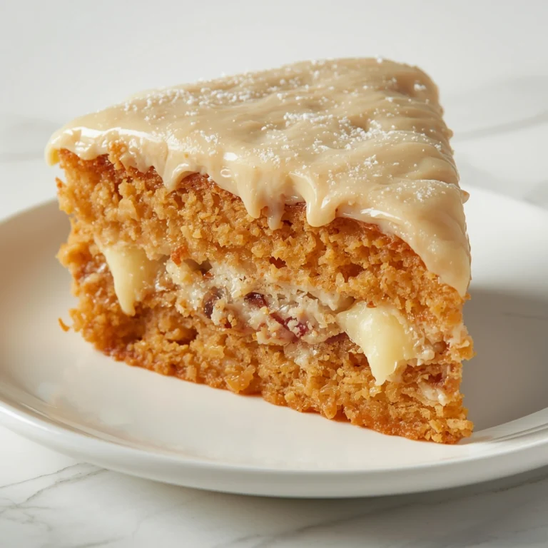 Close-up of Preacher Cake dessert with glossy cream cheese glaze and powdered sugar on a white plate