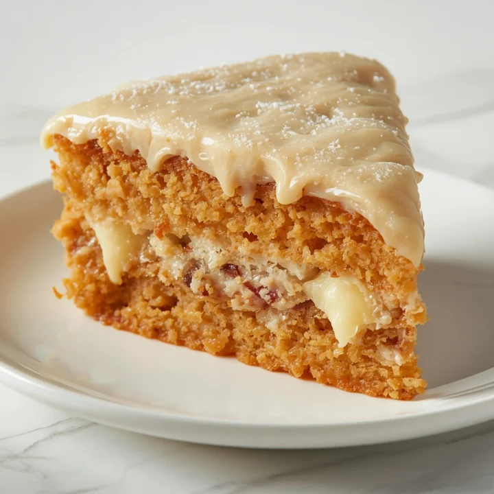 Close-up of Preacher Cake dessert with glossy cream cheese glaze and powdered sugar on a white plate