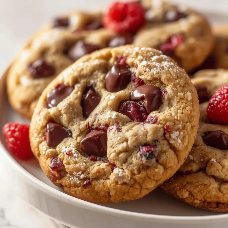 Close-up of Raspberry Chocolate Chunk Cookies dessert with chewy texture, melted chocolate, and elegant toppings