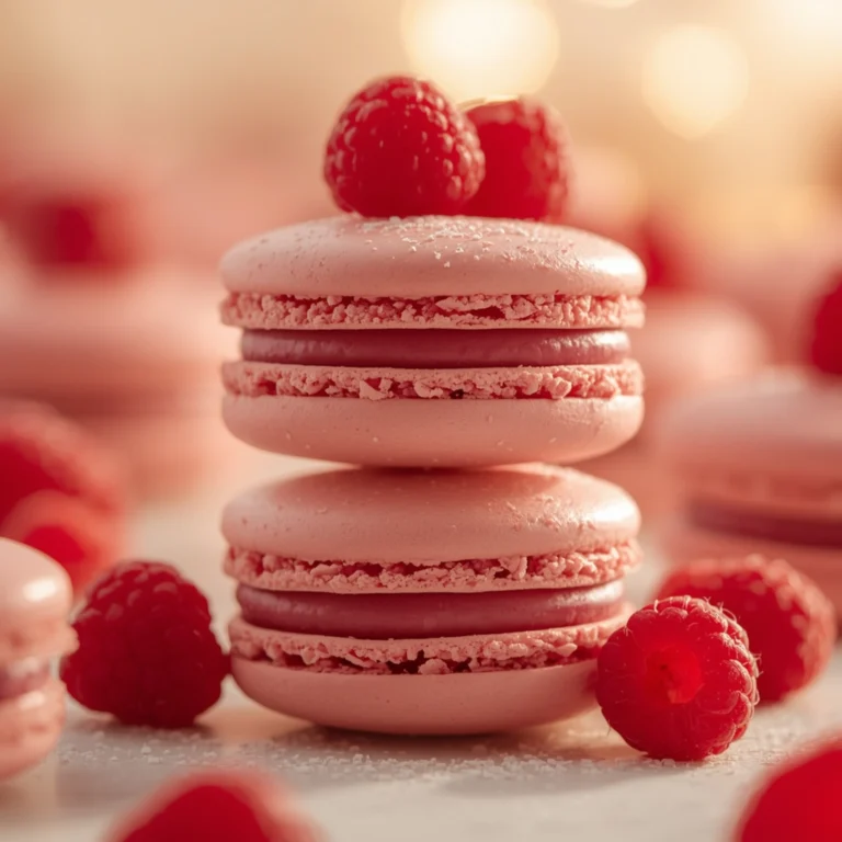 Close-up of Raspberry Macaron Stack dessert with glossy finish and elegant toppings