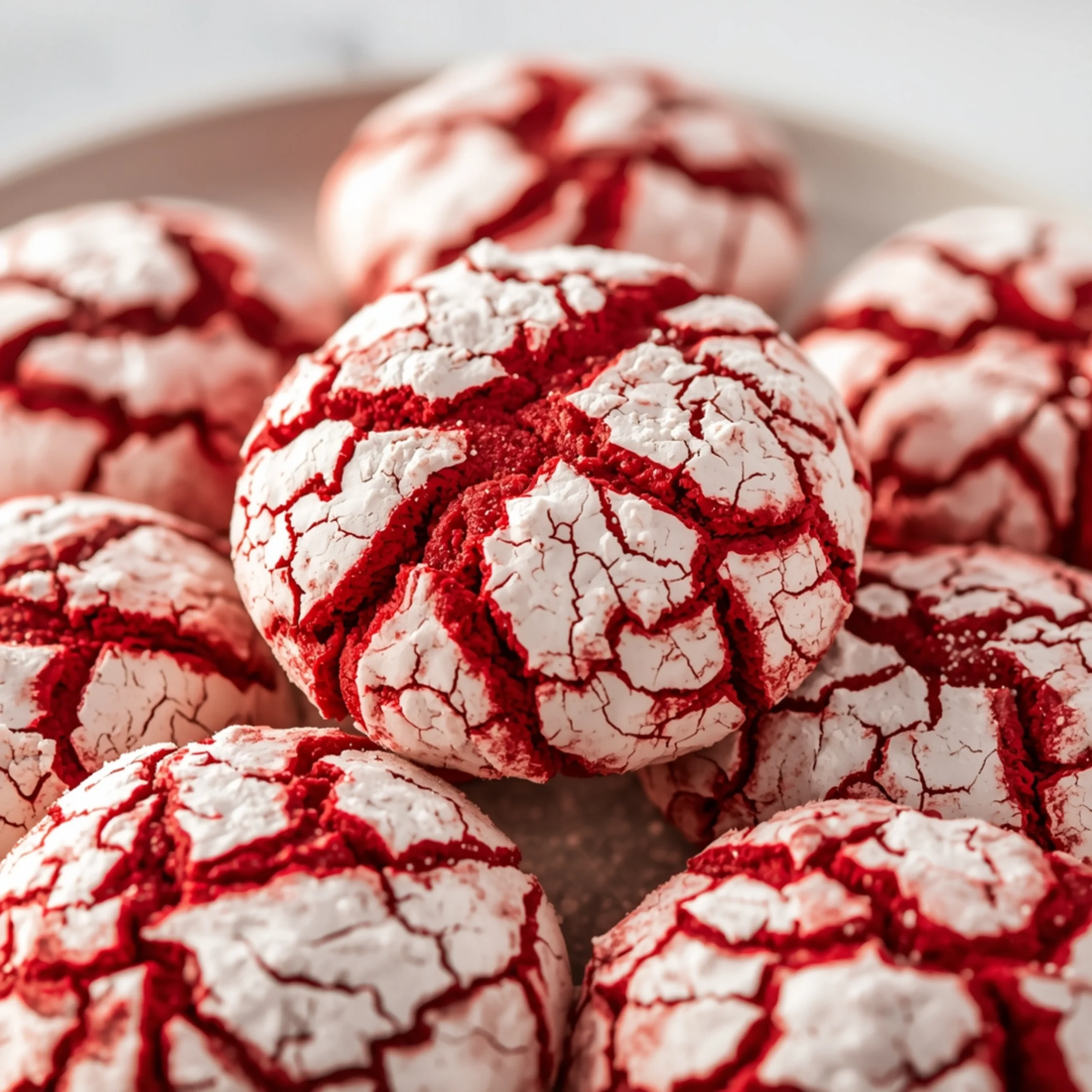 Close-up of Red velvet crinkle cookies dessert with glossy finish and elegant powdered sugar coating