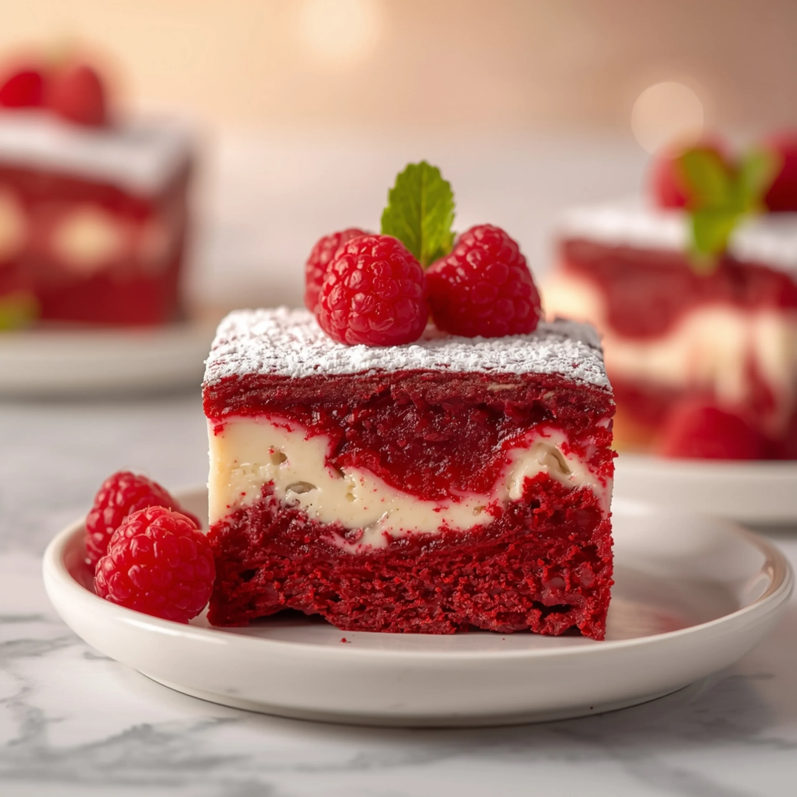 Close-up of Red Velvet Cheesecake Brownies dessert with a soft texture and elegant garnish